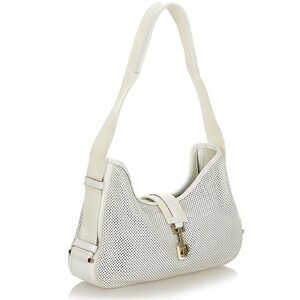 Gucci Perforated Jackie White Leather Canvas Shoulder Bag Gold Hardware w Pouch